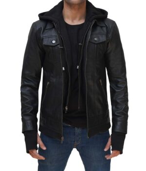 Mens Black Bomber Leather Jacket with Removable Hood