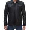 Mens Black Bomber Leather Jacket with Removable Hood