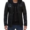 Mens Black Bomber Leather Jacket with Removable Hood