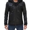 Mens Black Bomber Leather Jacket with Removable Hood