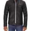 Dodge Mens Black Cafe Racer Lambskin Leather Jacket 
