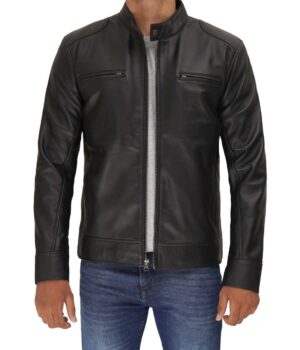 Dodge Mens Black Cafe Racer Lambskin Leather Jacket 