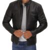 Dodge Mens Black Cafe Racer Lambskin Leather Jacket 