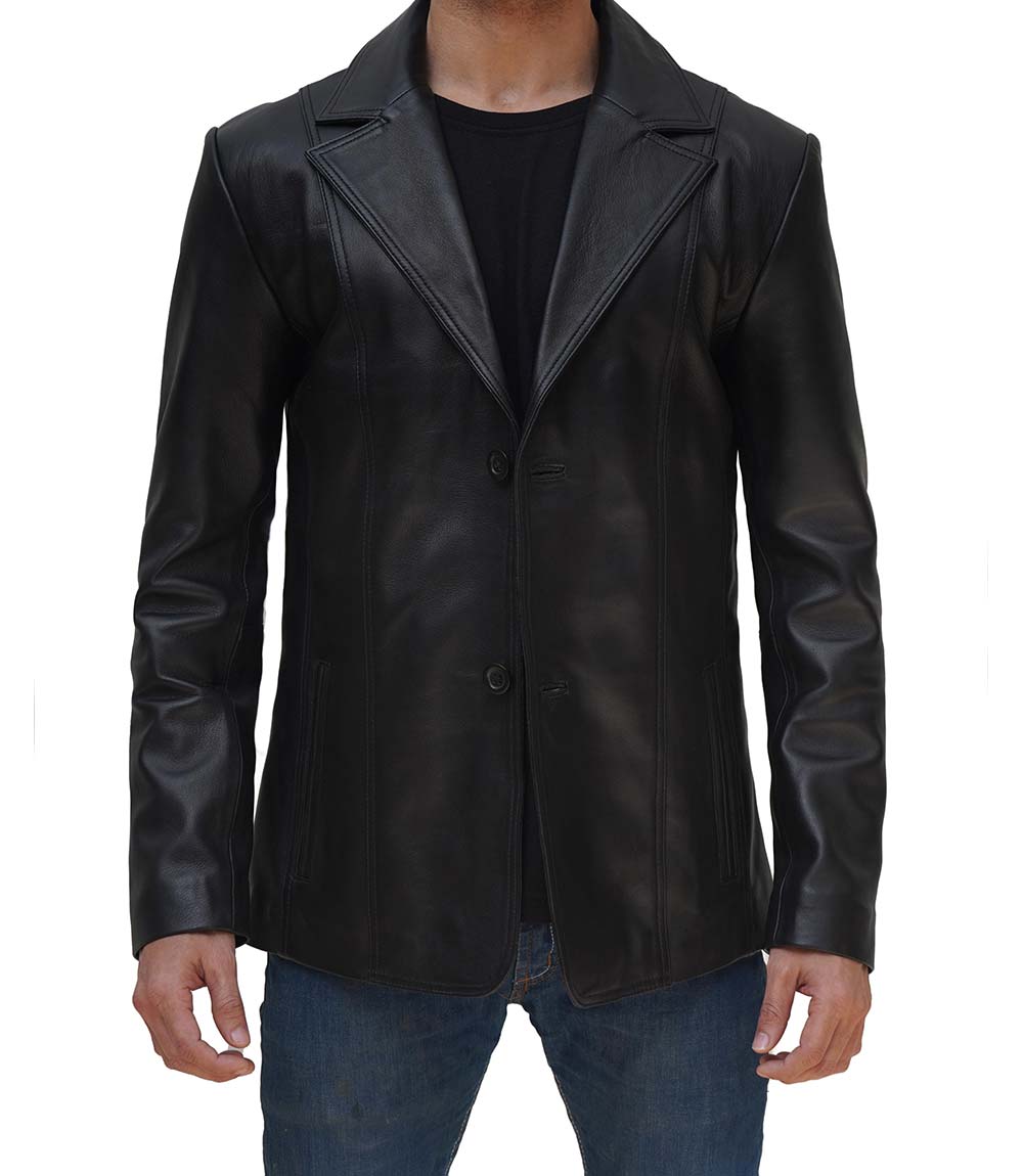 Surrey Men Black Leather Blazer Coat Surrey Men Black Leather Blazer Coat