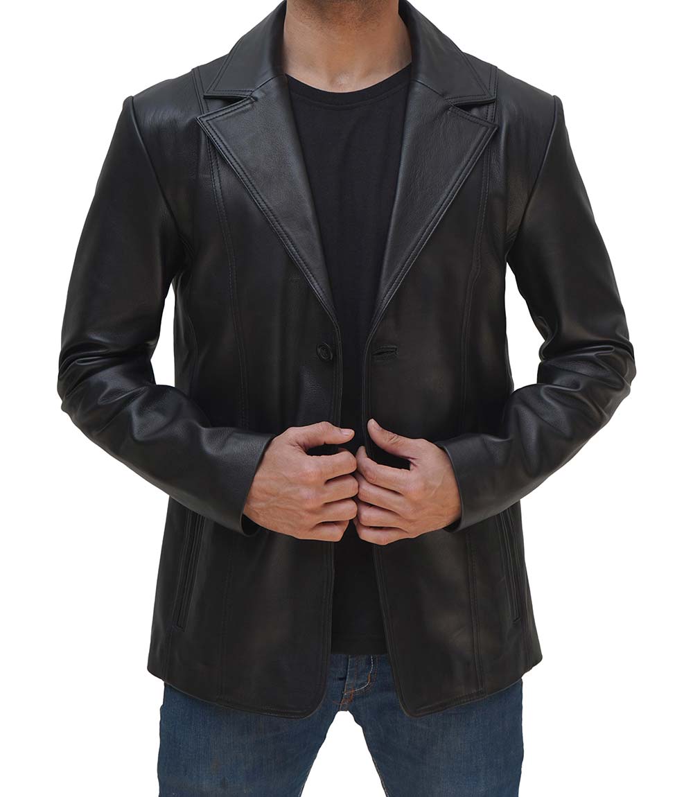 Surrey Men Black Leather Blazer Coat Surrey Men Black Leather Blazer Coat