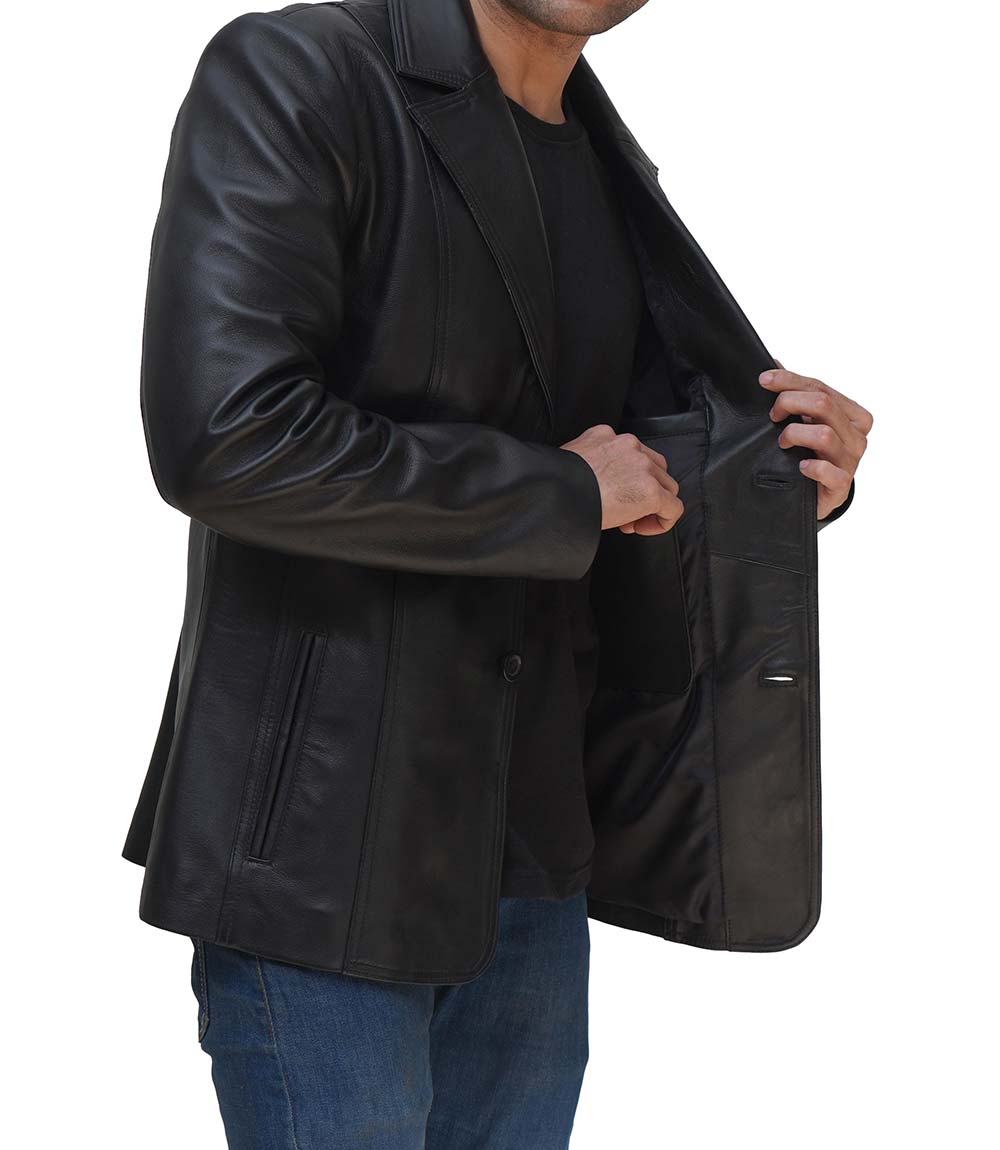 Surrey Men Black Leather Blazer Coat Surrey Men Black Leather Blazer Coat