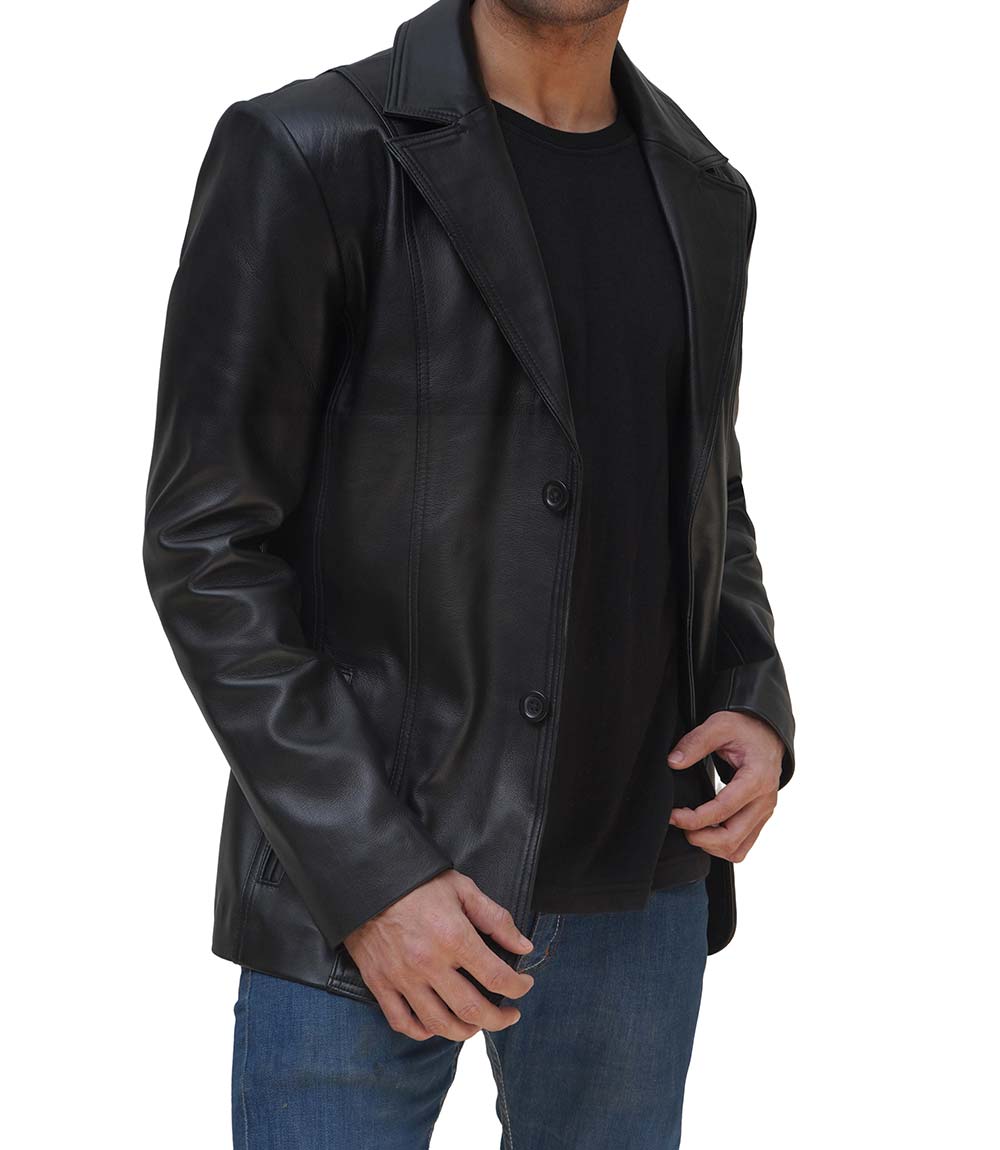 Surrey Men Black Leather Blazer Coat Surrey Men Black Leather Blazer Coat