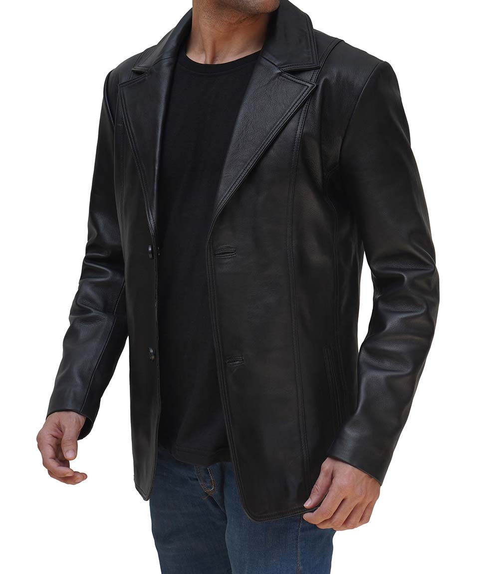 Surrey Men Black Leather Blazer Coat Surrey Men Black Leather Blazer Coat