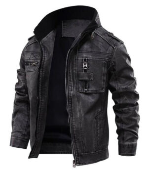 Black Mens Distressed Cafe Racer Leather Jacket