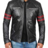 Hunter Mens Black Cafe Racer Leather Jacket with Red Stripes
