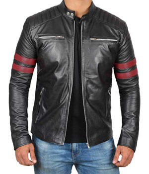 Hunter Mens Black Cafe Racer Leather Jacket with Red Stripes