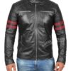 Hunter Mens Black Cafe Racer Leather Jacket with Red Stripes