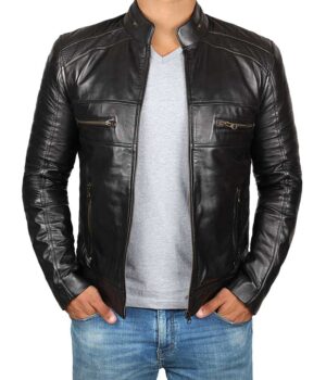 Mens Black Cafe Racer Biker Leather Jacket 