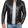 Mens Black Cafe Racer Biker Leather Jacket 