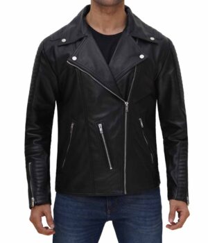 Bari Black Men Asymmetrical Black Biker Jacket 