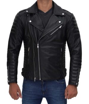 Mens Black Leather Asymmetrical Biker Jacket