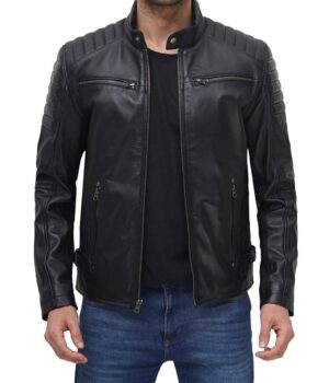 Felix Mens Black Cafe Racer Leather Jacket with Shoulder Pads