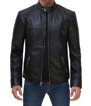 Mens Black Cafe Leather Racer Jacket