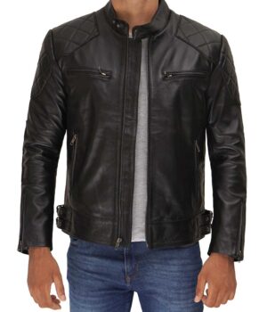 Mens Black Cafe Racer Quilted Leather Jacket
