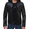 Dodge Mens Black Leather Jacket with Hoodie Inside