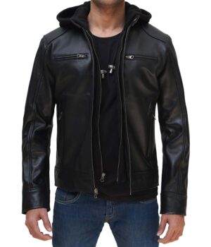 Dodge Mens Black Leather Jacket with Hoodie Inside
