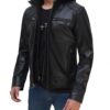 Dodge Mens Black Leather Jacket with Hoodie Inside