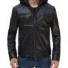 Dodge Mens Black Leather Jacket with Hoodie Inside