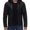 Mens Black Leather Jacket with Hood