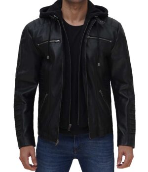 Mens Black Leather Jacket with Hood