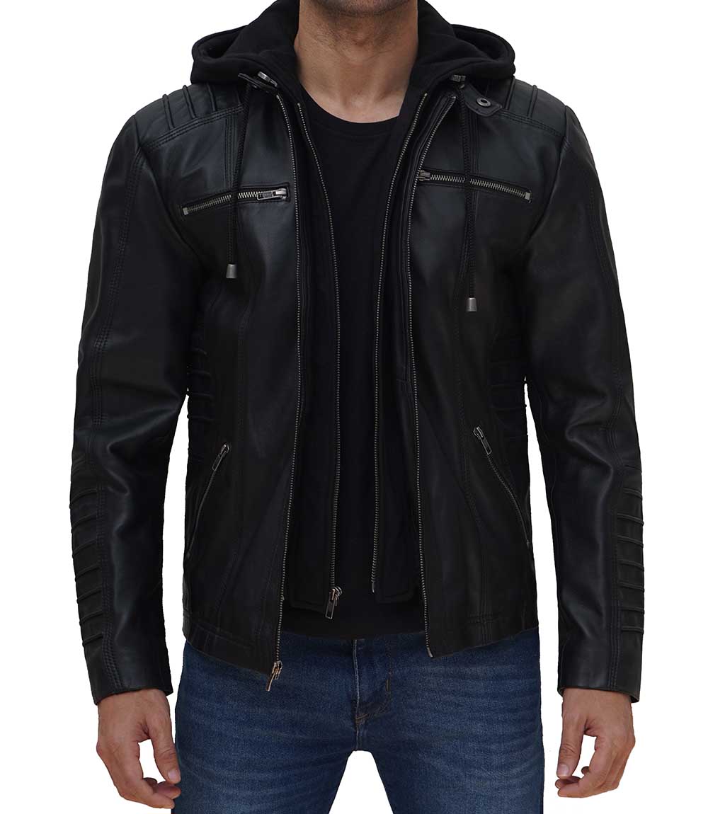 Mens Black Leather Jacket with Hood Mens Black Leather Jacket with Hood