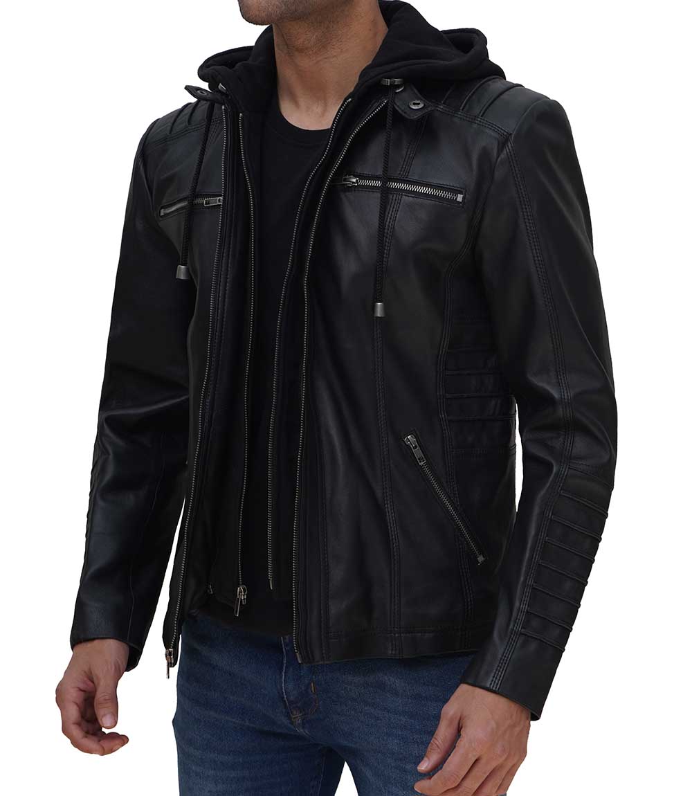 Mens Black Leather Jacket with Hood Mens Black Leather Jacket with Hood