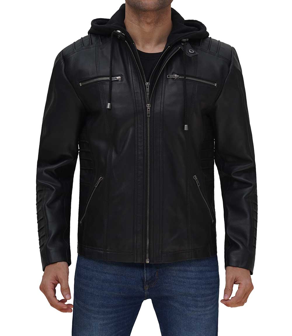 Mens Black Leather Jacket with Hood Mens Black Leather Jacket with Hood