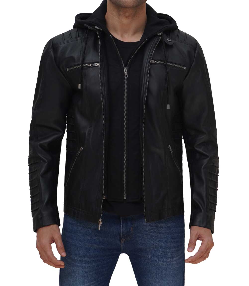 Mens Black Leather Jacket with Hood Mens Black Leather Jacket with Hood