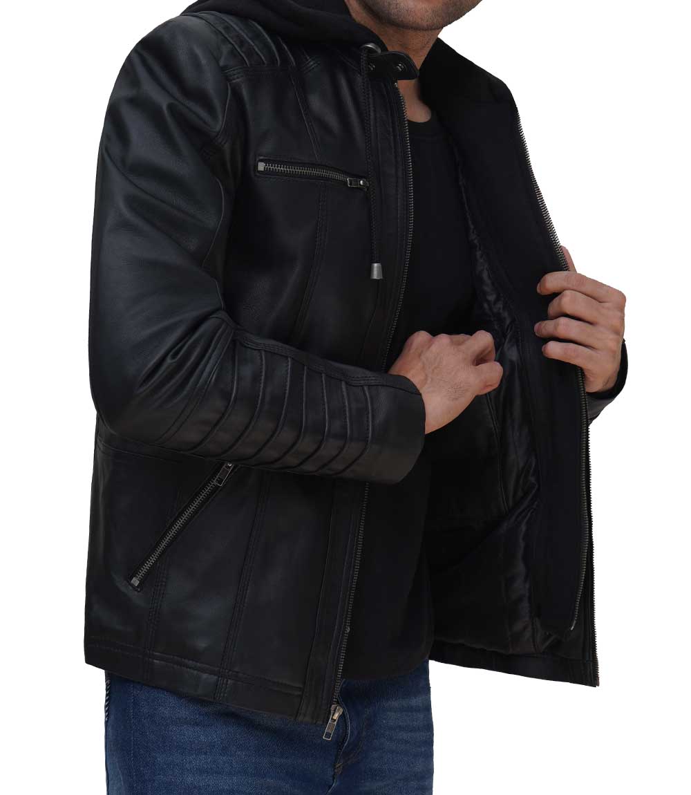 Mens Black Leather Jacket with Hood Mens Black Leather Jacket with Hood