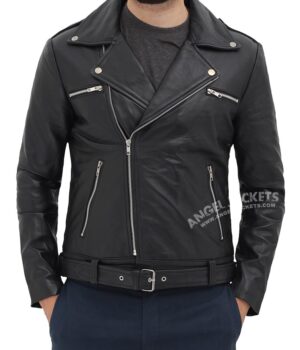 Negan Black Biker Asymmetrical Leather Jacket Mens 