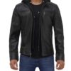 Mens Black Leather Removable Hooded Jacket