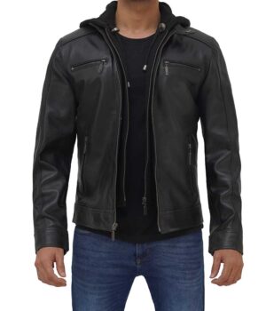 Mens Black Leather Removable Hooded Jacket