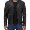 Mens Black Leather Removable Hooded Jacket