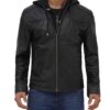 Mens Black Leather Removable Hooded Jacket