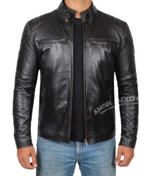 Vermont Black Real Leather Cafe Racer Jacket