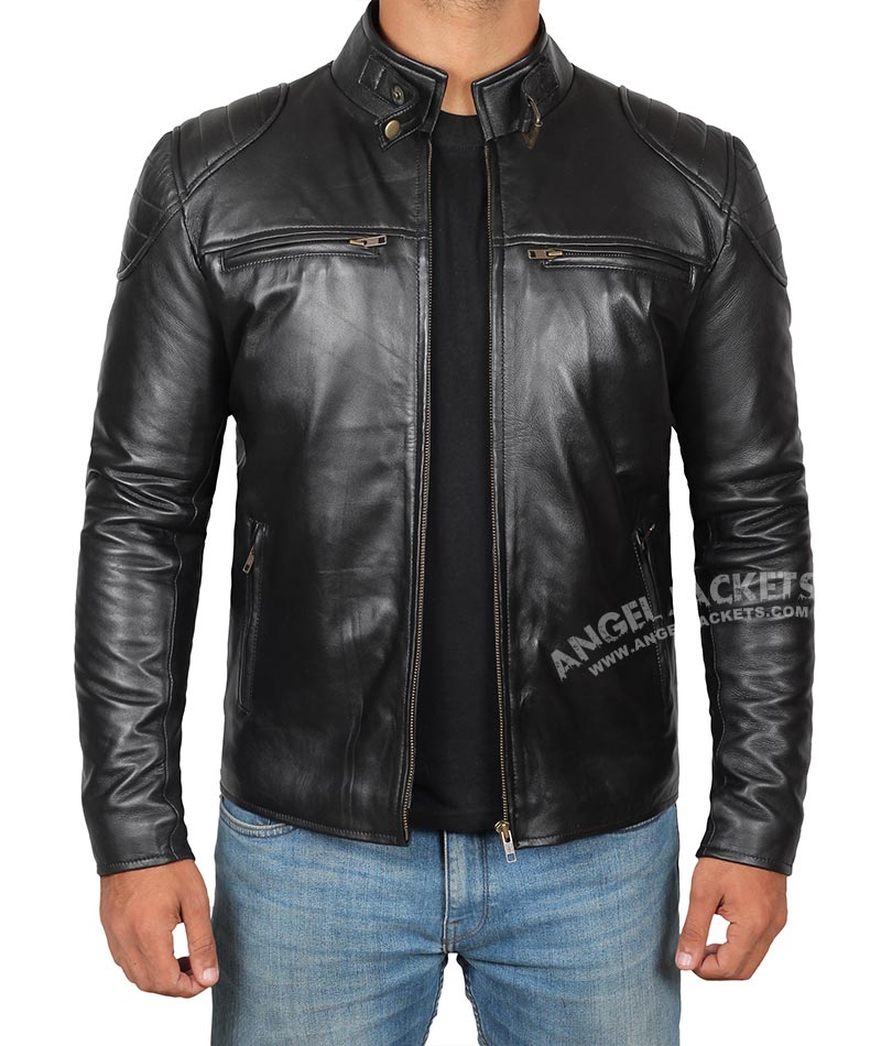 Vermont Black Real Leather Cafe Racer Jacket Vermont Black Real Leather Cafe Racer Jacket