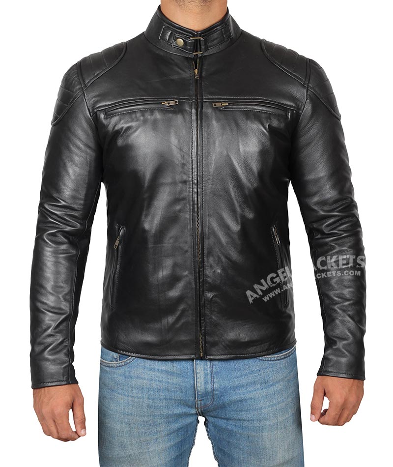 Vermont Black Real Leather Cafe Racer Jacket Vermont Black Real Leather Cafe Racer Jacket