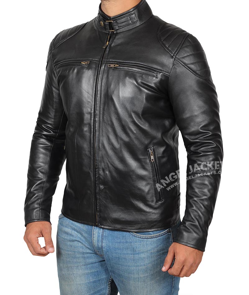 Vermont Black Real Leather Cafe Racer Jacket Vermont Black Real Leather Cafe Racer Jacket
