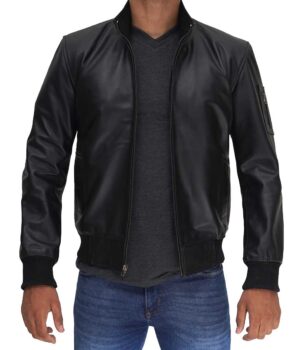 Bomber Black Cowhide Leather Cafe Racer Jacket