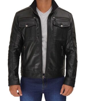 Moffit Mens Cafe Racer Leather Utility Jacket
