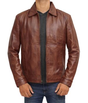 Mens Casual Stylish Brown Fitted Biker Leather Jacket 