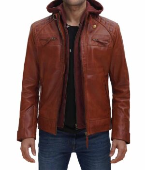 Johnson Quilted Tan Leather Jacket with Removable Hood