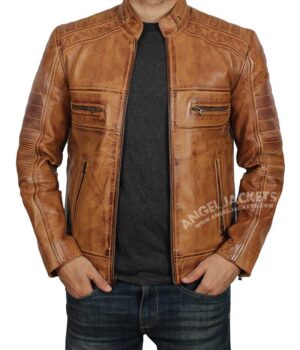 Mens Distressed Brown Cafe Racer Leather Jacket