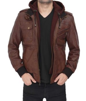 Mens Dark Brown Leather Bomber Jacket with Hood