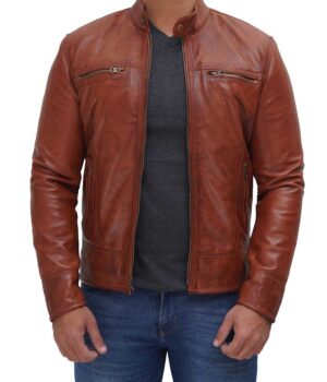 Cafe Racer Tan Leather Jacket Mens